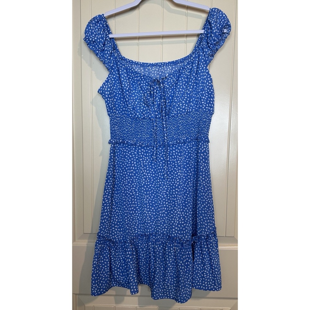 blue white Mini Dress Smocked Ruffle Tiered croquet sz L GUC
